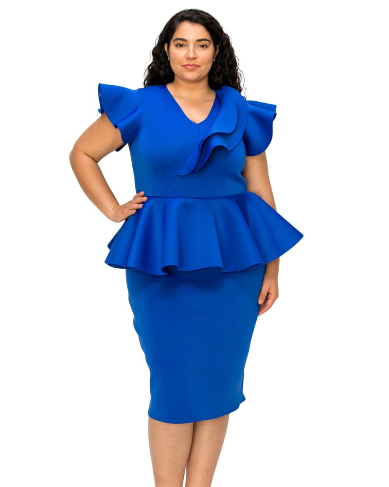 Front of a model wearing a size 2X Onyx Neoprene Peplum Dress in Royal by L I V D. | dia_product_style_image_id:297192